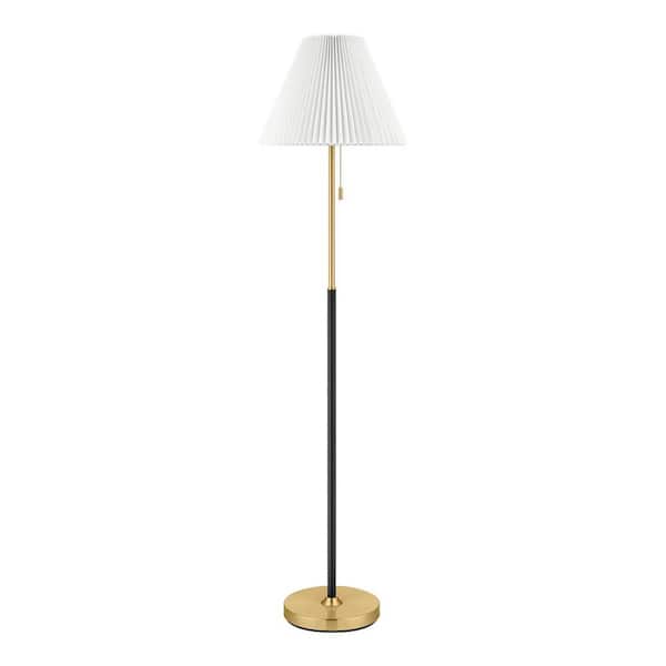 Hampton Bay Blakeley 58 in. Black and Gold 1-Light Standard Classic Floor Lamp with Pleated Fabric Bell Shade