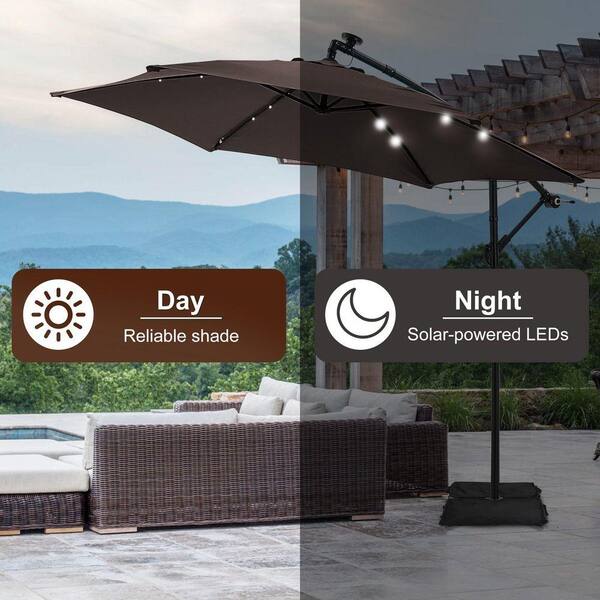 ainfox outdoor 10ft solar cantilever offset hanging patio umbrella Double Top Heavy-Duty with lights and Cross Base, Large Aluminum Rotation Sun Shade coated steel ribs and a gray coated pole support the umbrella steadily Durable fabric Ainfox 10ft Solar Patio Umbrella