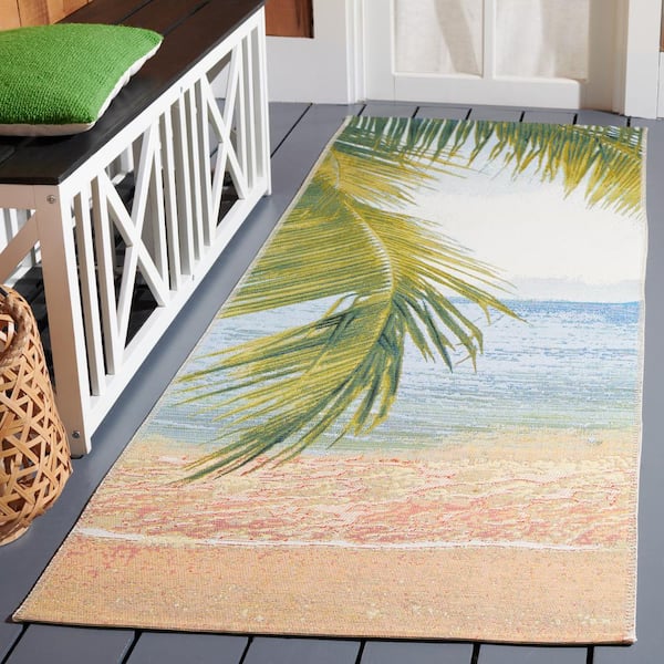 Barbados Gold/Blue 3 ft. x 10 ft. Runner Seashore Palm Leaf Indoor/Outdoor Area Rug