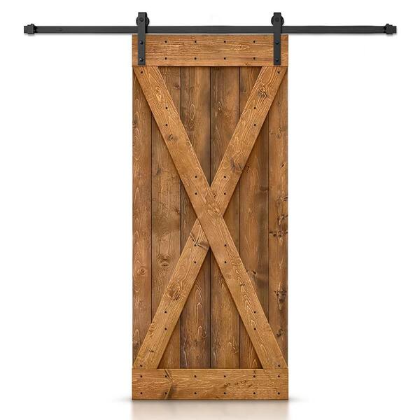 CALHOME 32 in. x 84 in. Distressed X Series Walnut Stained DIY Wood Interior Sliding Barn Door with Hardware Kit