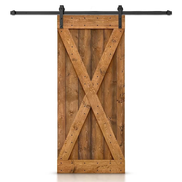 CALHOME 32 in. x 84 in. Distressed X Series Walnut Stained DIY Wood Interior Sliding Barn Door with Hardware Kit