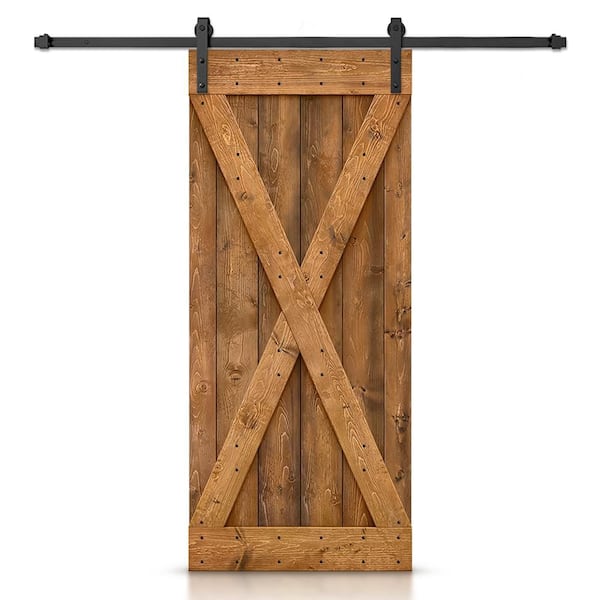 CALHOME 46 in. x 84 in. Distressed X Series Walnut Stained DIY Wood Interior Sliding Barn Door with Hardware Kit