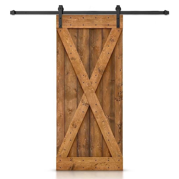 CALHOME 48 in. x 84 in. Distressed X Series Walnut Stained DIY Wood Interior Sliding Barn Door with Hardware Kit