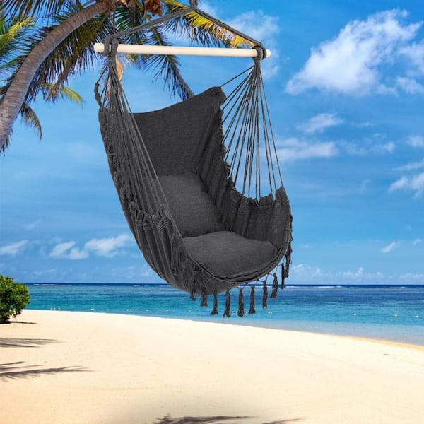 31.5 in. Tassel Hammock Chair with 2 Pillows in Gray