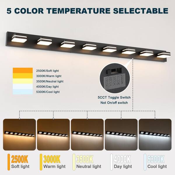JUSHENG 63 in. 8 Light Black Bathroom LED Vanity Light with 5-CCT
