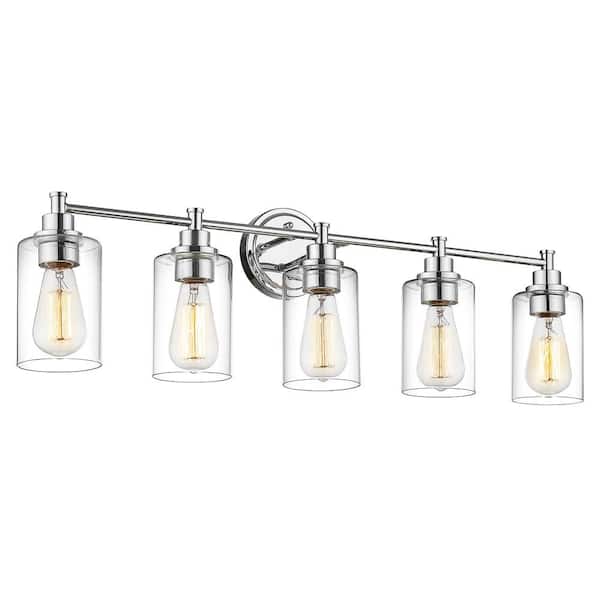 JAZAVA 32.25 in. 5-Light Chrome Vanity Light with Clear Glass Shade