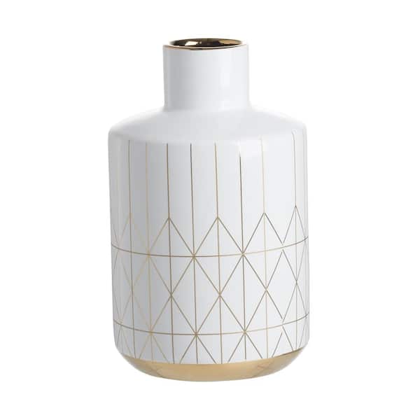 A & B Home 9.6 in. High Gloss White, Gold Ceramic Decorative Vase 8044 -  The Home Depot