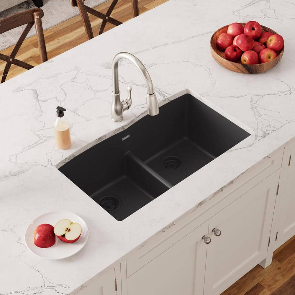 Black Quartz Double Bowl Undermount Kitchen Sink