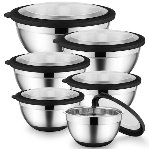 6-Piece Stainless Steel Mixing Bowl Set with Non-Slip Silicone Base and Clear Sealed Lids Black Finish