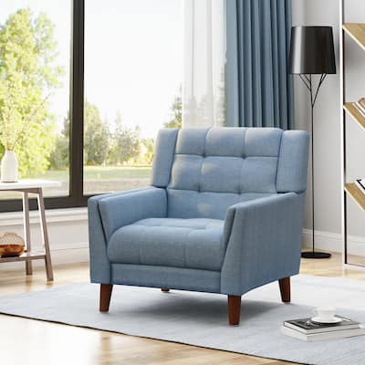 Blue Mid-Century Modern Style Tufted Arm Chair with Flared Arms, Tapered Rubberwood Legs