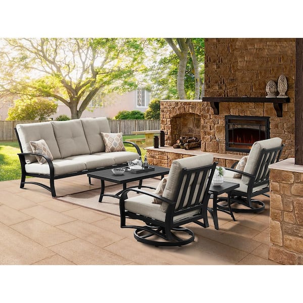 ULAX FURNITURE 5-Piece Aluminum Patio Conversation Set with Beige Sunbrella Cushions, 2 Swivel Chairs, Sofa, 2 Tables