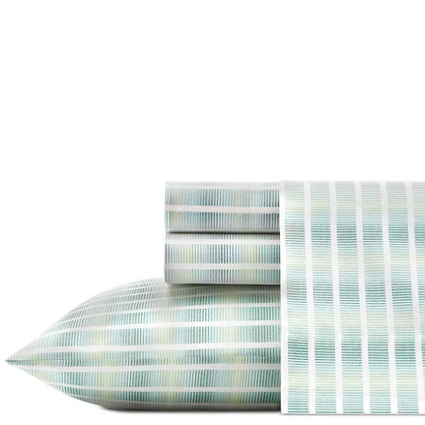 Off the Grid 4-Piece Green Striped Cotton King Sheet Set