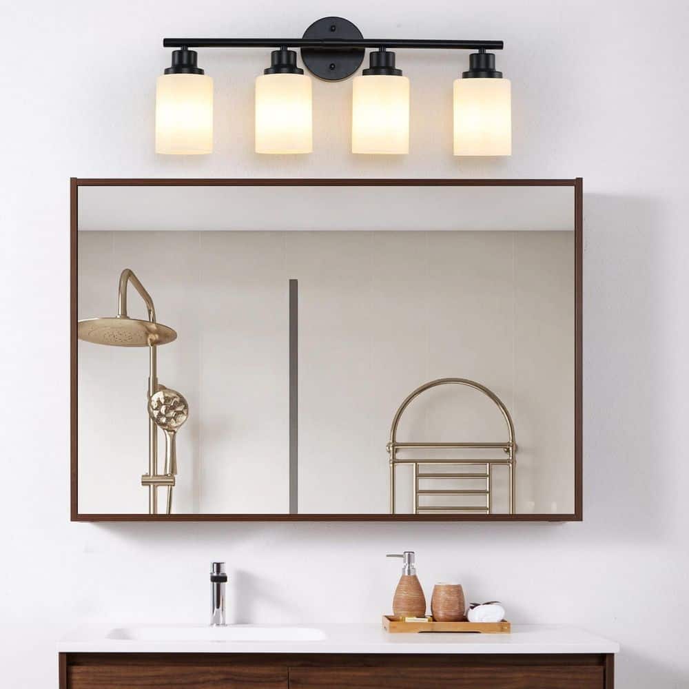 24 in Modern Black 4-Light Vanity Bathroom Mirror-Light with Frosted White Glass Shades for Bedroom and Bathroom price history on PriceWatchPro