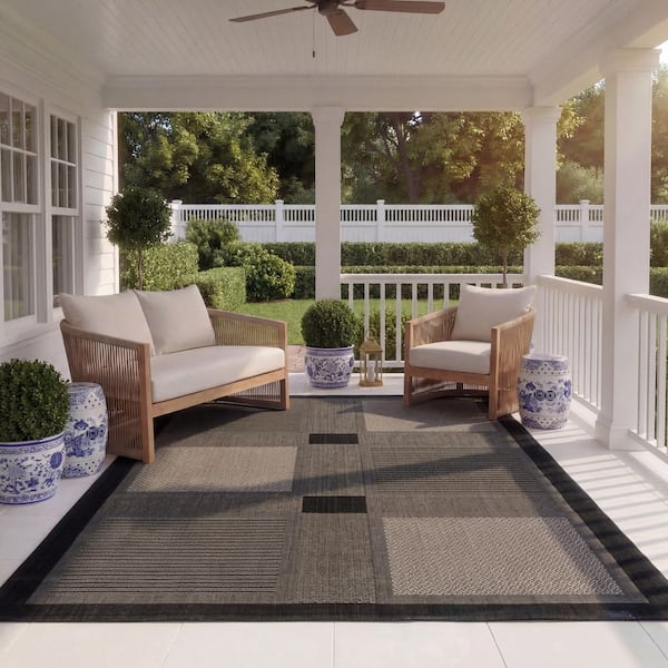 Courtyard Black/Sand 8 ft. x 11 ft. Border Indoor/Outdoor Patio Area Rug