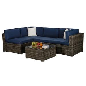 5-Piece Wicker Outdoor Sectional Set Sofa Dark Gray with Blue Cushions and Beige Pillows
