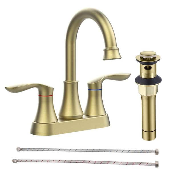 4 in. Centerset 2-Handle Bathroom Faucet w/ 360° High Arc Swivel Spout,Pop-up Drain and Supply Hoses,Brushed Gold