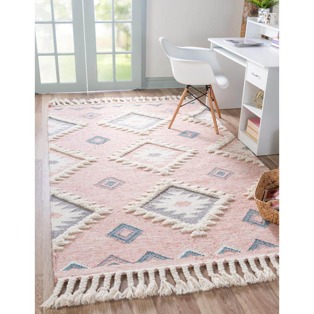 Handmade Pink Wool Geometric Flat Woven Area Rug 4x6