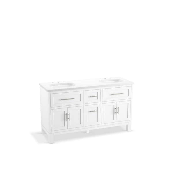 Quo 61in. Double Sink Freestanding White Bath Vanity with White Quartz Top Assembled