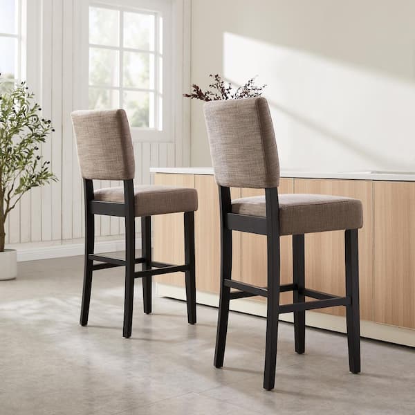 44 in. H Gray Linen Upholstered High Back Wood 30 in. Bar Height Stool (Set of 2)