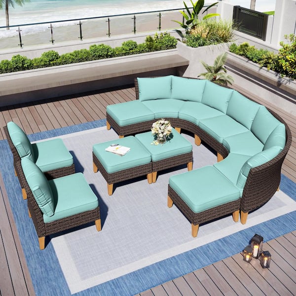 Brown Rattan Wicker 11 Seat 11-Piece Steel Patio Outdoor Sectional Set with Blue Cushions