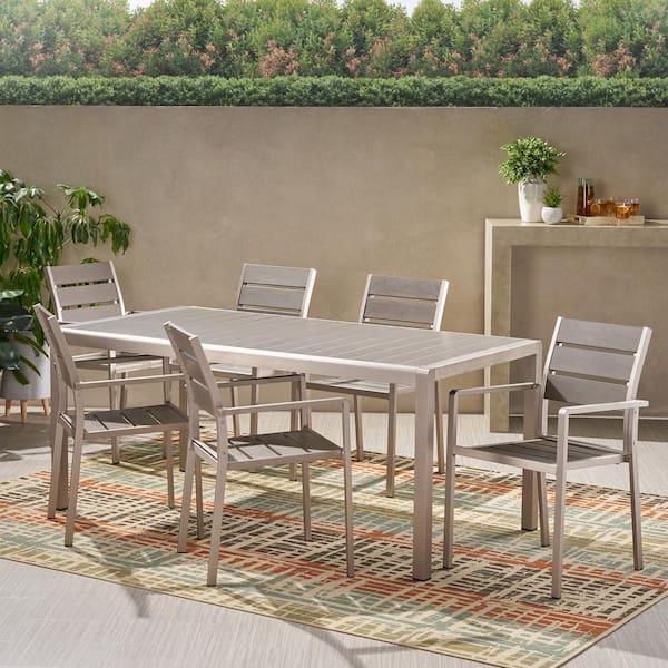 Cape Coral Silver 7-Piece Metal Rectangular Patio Outdoor Dining Set