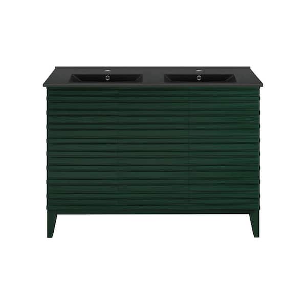 Cascade 48 in. Freestanding Bath Vanity in Green Oak with Black Ceramic Double Basin Sink Top