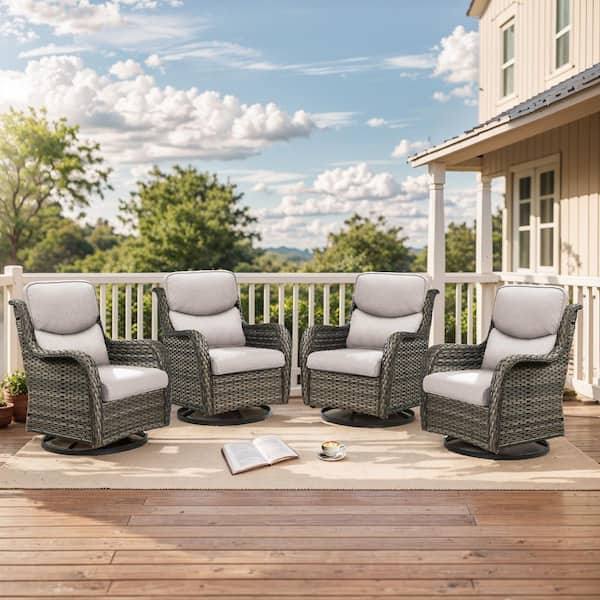 moosprr LunaCurve 4-Piece Gray Swivel Glider Wicker Outdoor Rocking Chair with 5 in. Olefin Beige Cushions for Patio or Porch