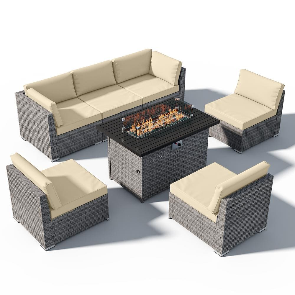 EAGLE PEAK 7-Piece Outdoor Wicker Patio Furniture Set with Fire Table ...