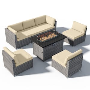 7-Piece Outdoor Wicker Patio Furniture Set with Fire Table, Beige