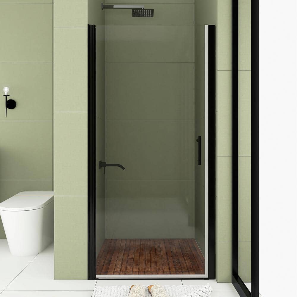 37 in. W x 72 in. H Pivot Semi Frameless Shower Door in Matte Black with Cl