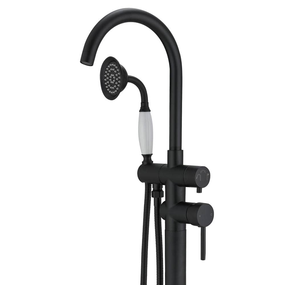 2-Handle Floor Mount Roman Tub Faucet with Hand Shower in Matte Black -  BWE, A-97013-B