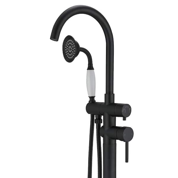 2-Handle Floor Mount Roman Tub Faucet with Hand Shower in Matte Black