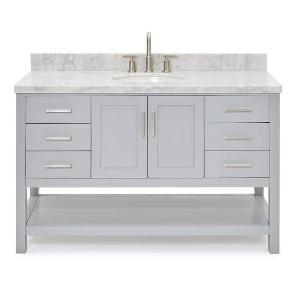 Magnolia 54 in. W x 22 in. D x 36 in. H Bath Vanity in Gray with Carrara Marble Vanity Top in White with White Basin