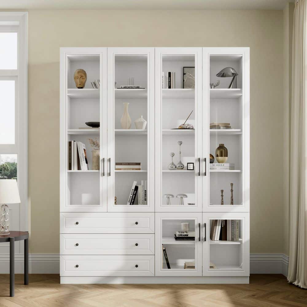 FUFU&GAGA White Wood Buffet with Glass Doors, 6-Color LED Lighting