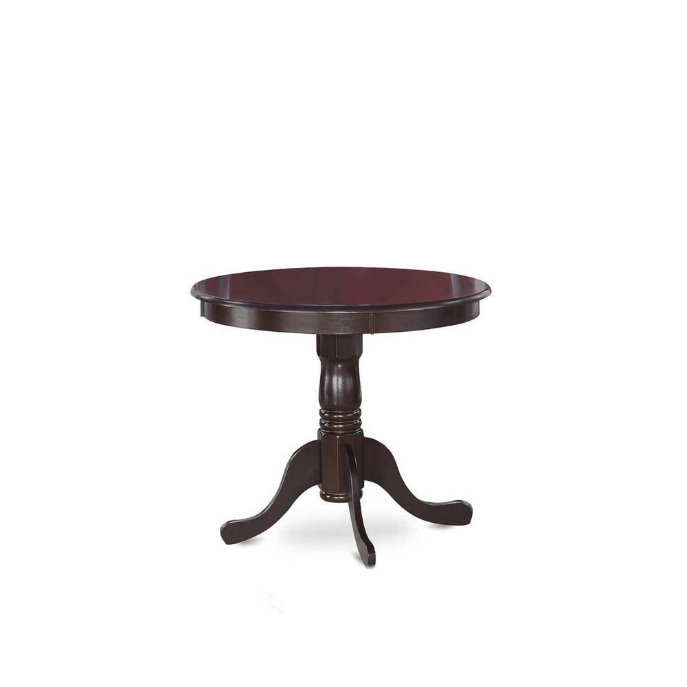 Cappuccino Round Wood Dining Table with Blue Linen Chairs