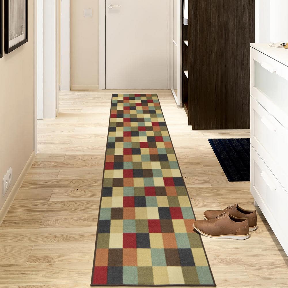 Multicolor Checkered Non-Slip Runner Rug with Rubber Backing