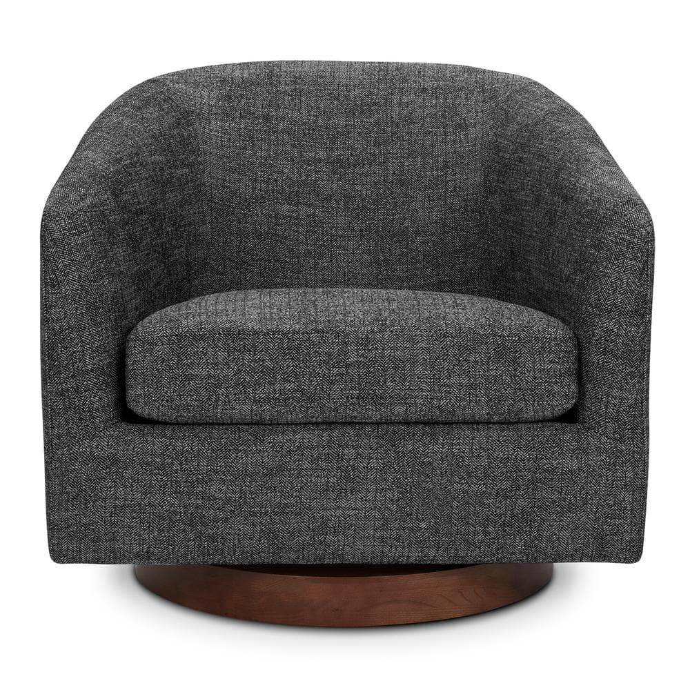 Dark Gray Velvet Swivel Barrel Accent Chair with Wood Base