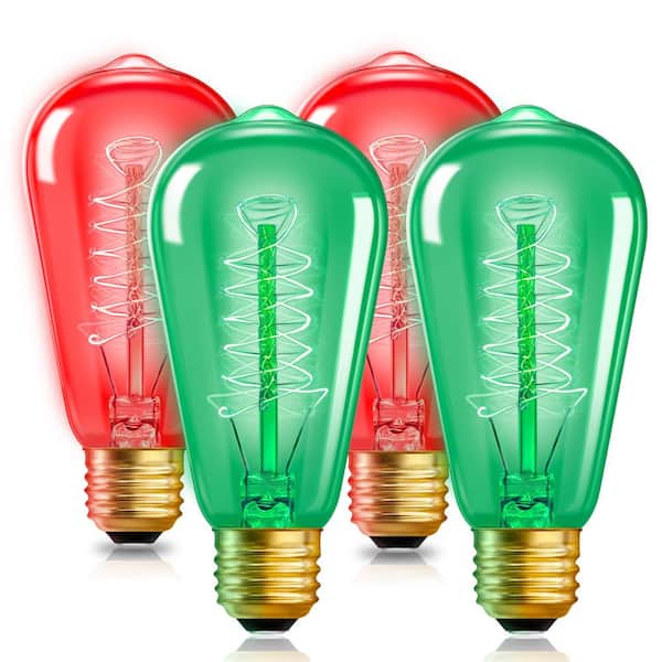 YANSUN 40-Watt Equivalent ST58 Red & Green Dimmable E26 Vintage Edison Incandescent-Light Bulb for Halloween Christmas (4-Pack)