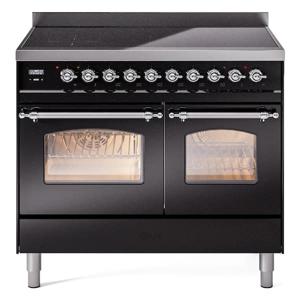 ILVE Nostalgie II 40 in. 6 Zone Freestanding Induction Range in Glossy Black with Chrome Trim