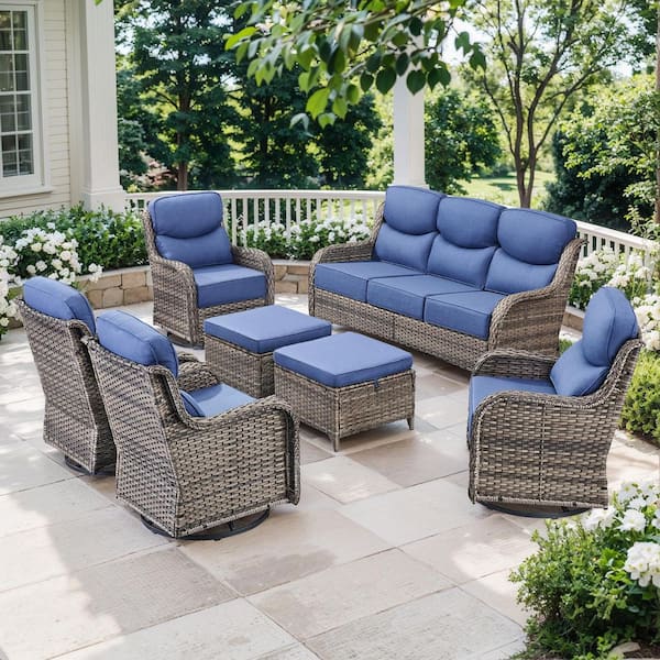 Moon Luxe Gray Swivel Glider Wicker Patio Conversation Set with Blue Olefin 6 in. Thick Cushions (7-Piece)