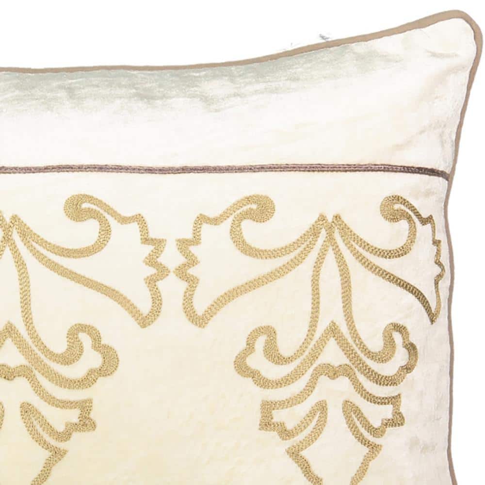 Cream Embroidered Faux Velvet Rectangular Throw Pillow