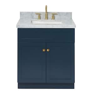 Hamlet 31 in. W x 22 in. D x 36 in. H Bath Vanity in Midnight Blue with White Carrara Marble Vanity Top