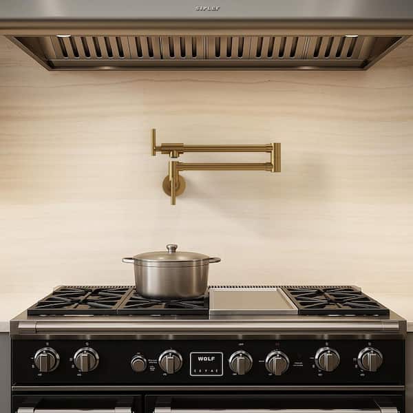 25.25 in. Extended Reach Wall Mount Pot Filler Kitchen Faucet 2-Handle with Dual Swivel Arms in Brushed Gold