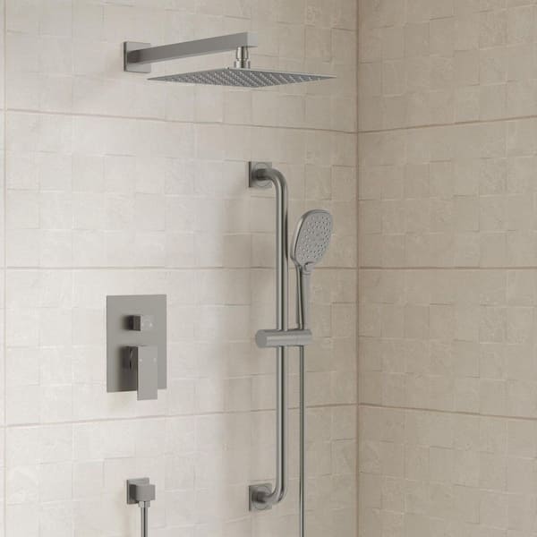 2-Spray Square High Pressure Adjustable Wall Bar Shower Kit with 3 Modes Hand Shower in Brushed Nickel(Valve Included)