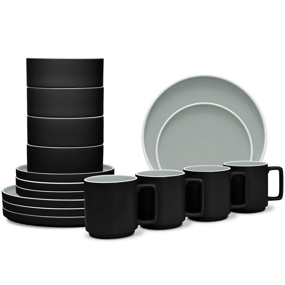 Noritake ColorTrio Graphite 16-Piece (Black) Porcelain Stax Dinnerware Set, Service for 4