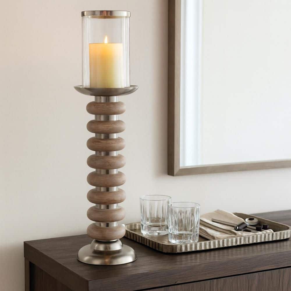 20 in. Tan/Ivory Metal Decorative Pillar Candle Holder with Ring Wood Accent price history on PriceWatchPro