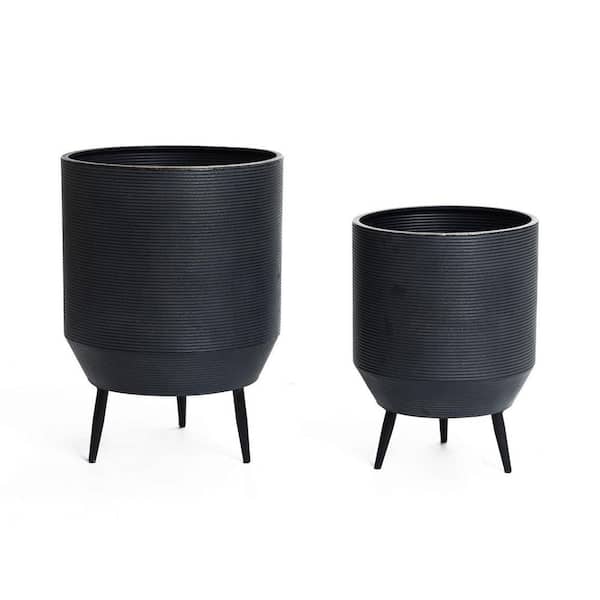 (Set of 2) 14 in W x 19.25 in. H Black Round Metal Cachepot Decorative Pots Planters with Tripod Legs