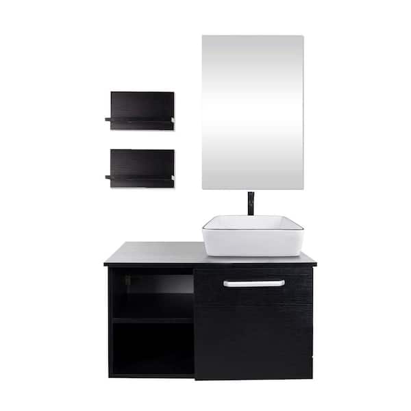 28 in. W x 19 in. D x 16 in. H Single Sink Black Bath Vanity with White Rectangular Solid Surface Top Sink and Mirror
