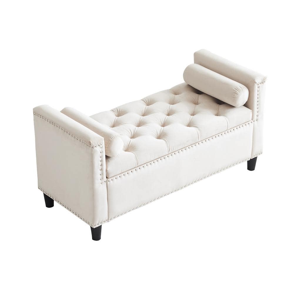 Cream Velvet Dining Bench 44.5 in. Button Bedside Storage Bench with Armres