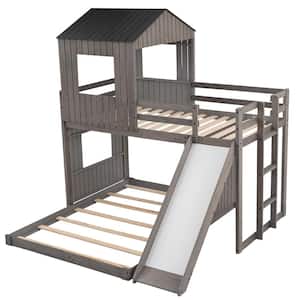 Playhouse Style Antique Gray Wooden Twin Over Full Bunk Bed with Ladder,Slide and Guardrails(78.7 in. W x 82.3 in. H)
